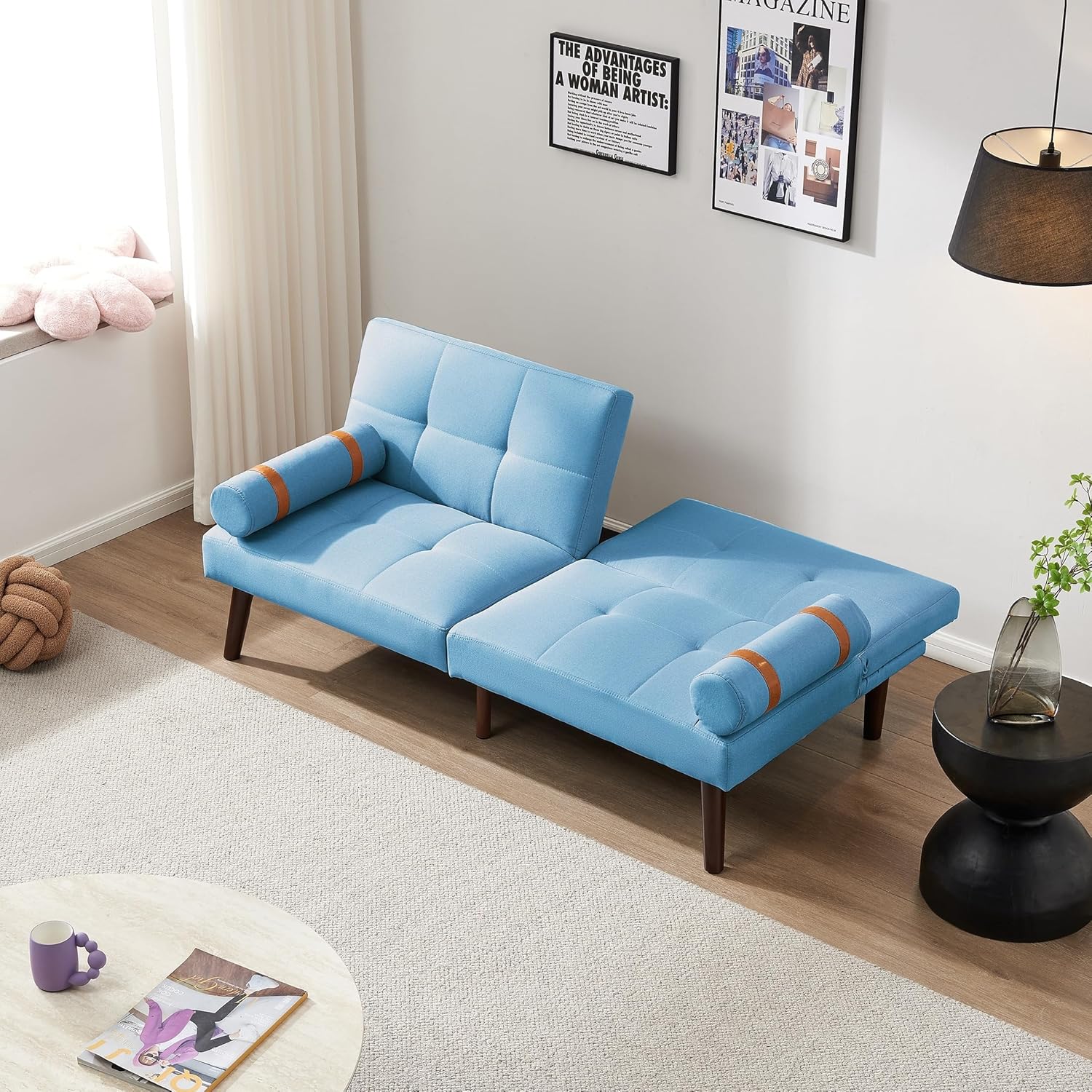 Linen Futon Sofa Bed Convertible Sleeper with Solid Wood Legs G422671