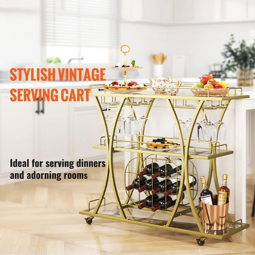 Metal Bar Serving Cart with Wine Rack and Glass Holder, 3 Tiers R942482