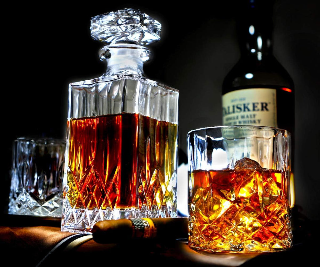 Italian Crafted Glass Whiskey Decanter Set with 4 Old Fashioned Glasses M73354
