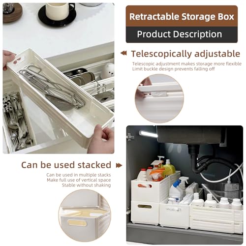 Retractable Plastic Storage Bins with Handles, Stackable Organizer for Closet Kitchen Pantry I31115