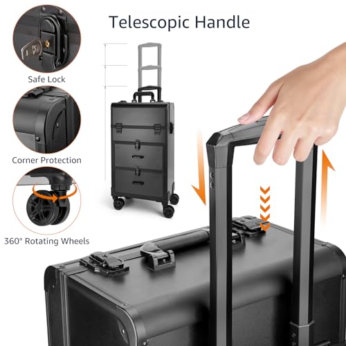 Rolling Makeup Train Case with Wheels, Sliding Drawer & Keys N3025