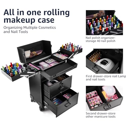 Rolling Makeup Train Case with Wheels, Sliding Drawer & Keys N3025