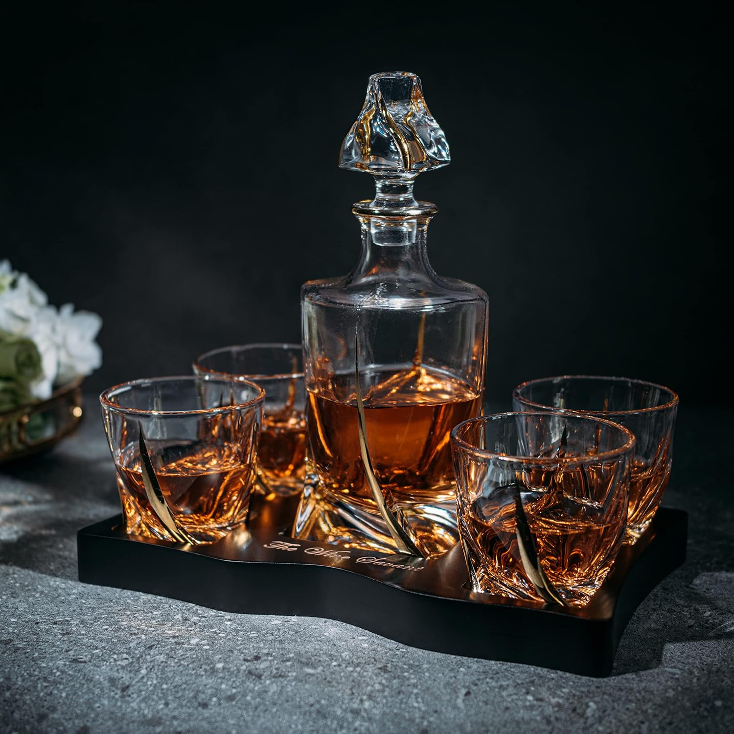 European Style Gold Wine & Whiskey Gold Twist Spiral Decanter 855ml with 4 Glasses & Wood Tray Set by The Wine Savant - For Home Bar Liquor, Spirits, Scotch, & Bourbon Gift for Him