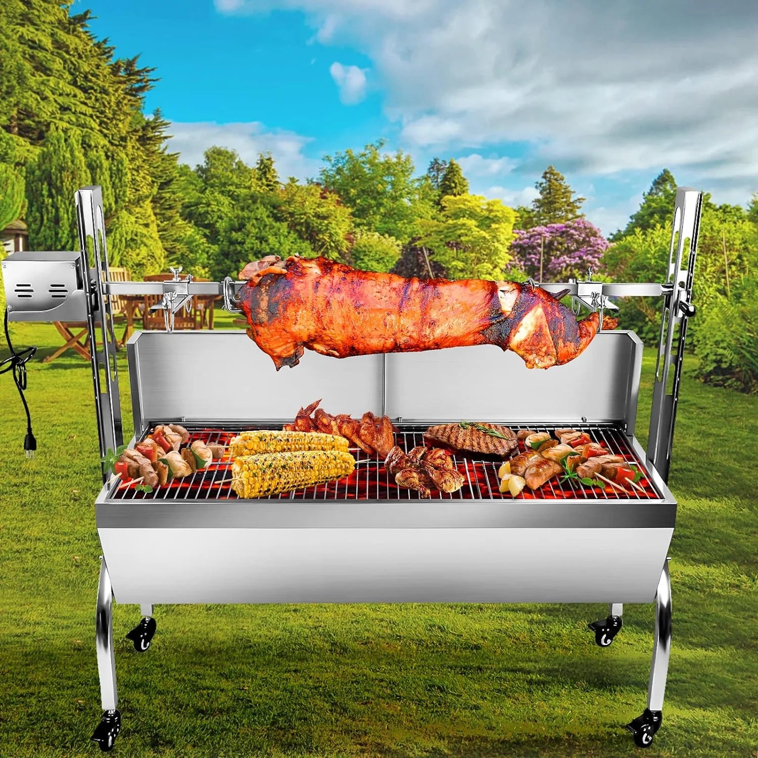 Stainless Steel Rotisserie Grill with Back Cover Guard, 25W Motor, 37" Charcoal BBQ C3467