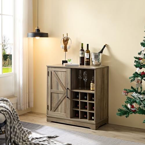 Farmhouse Coffee Bar Cabinet with Drawer and Sliding Barn Door, Gray Wash B34829