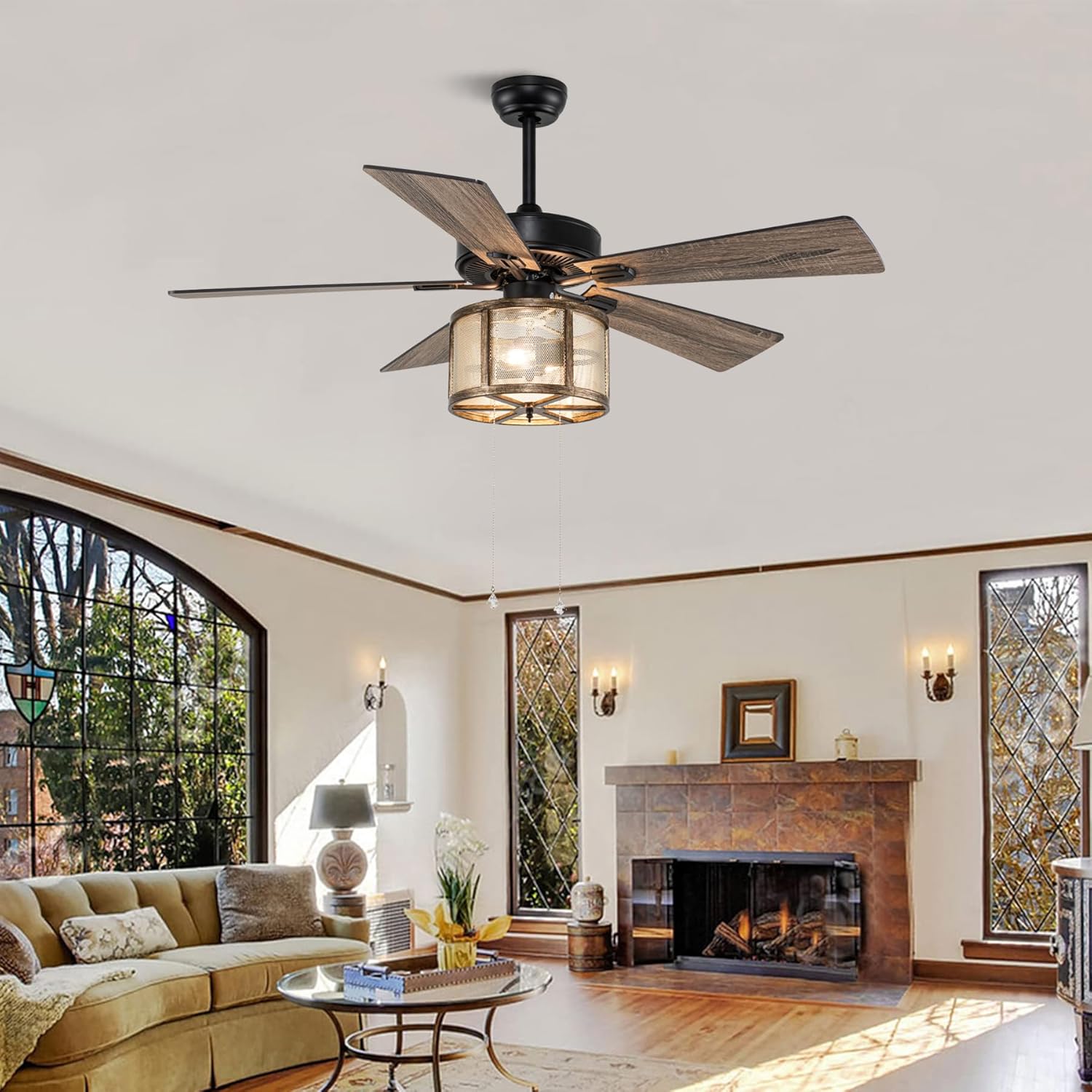 52" Farmhouse Ceiling Fan with Lights, Remote Control, 5 Reverse Blades, Quiet Motor, 3 Speed, Matte Black K2319
