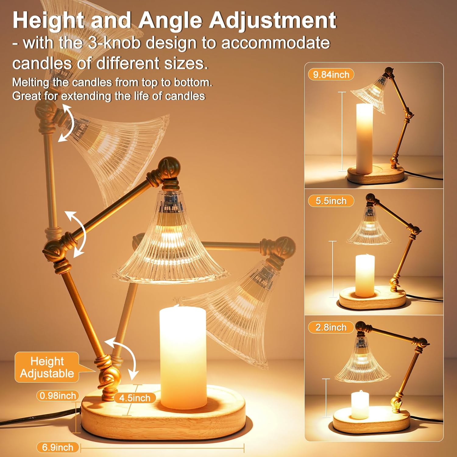 Candle Warmer Lamp with Timer, Adjustable Height, Dimmable, 2 Bulbs K289