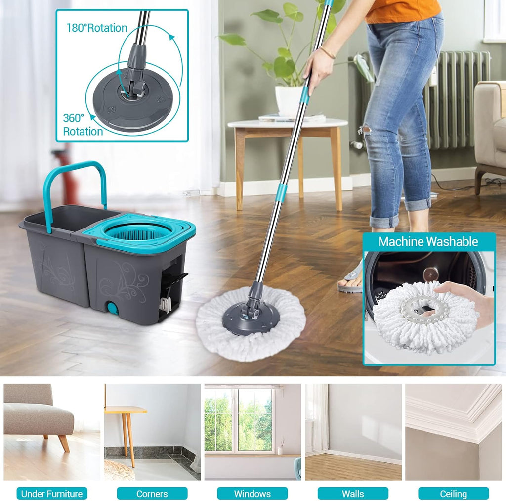 Spin Mop and Bucket with Wringer Set, Microfiber Floor Cleaning System with 6 Refills C2536