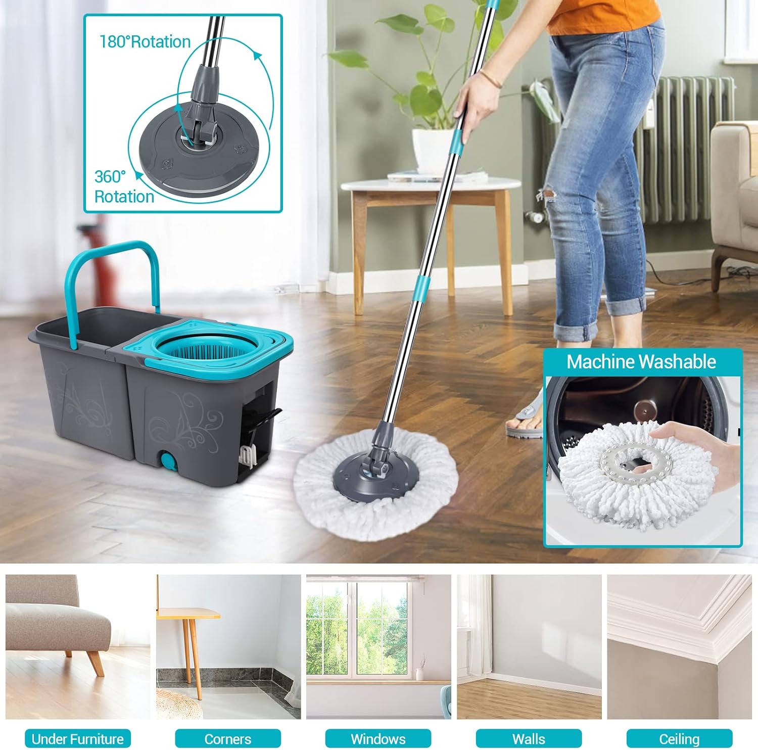 Spin Mop and Bucket with Wringer Set, Microfiber Floor Cleaning System with 6 Refills C2536