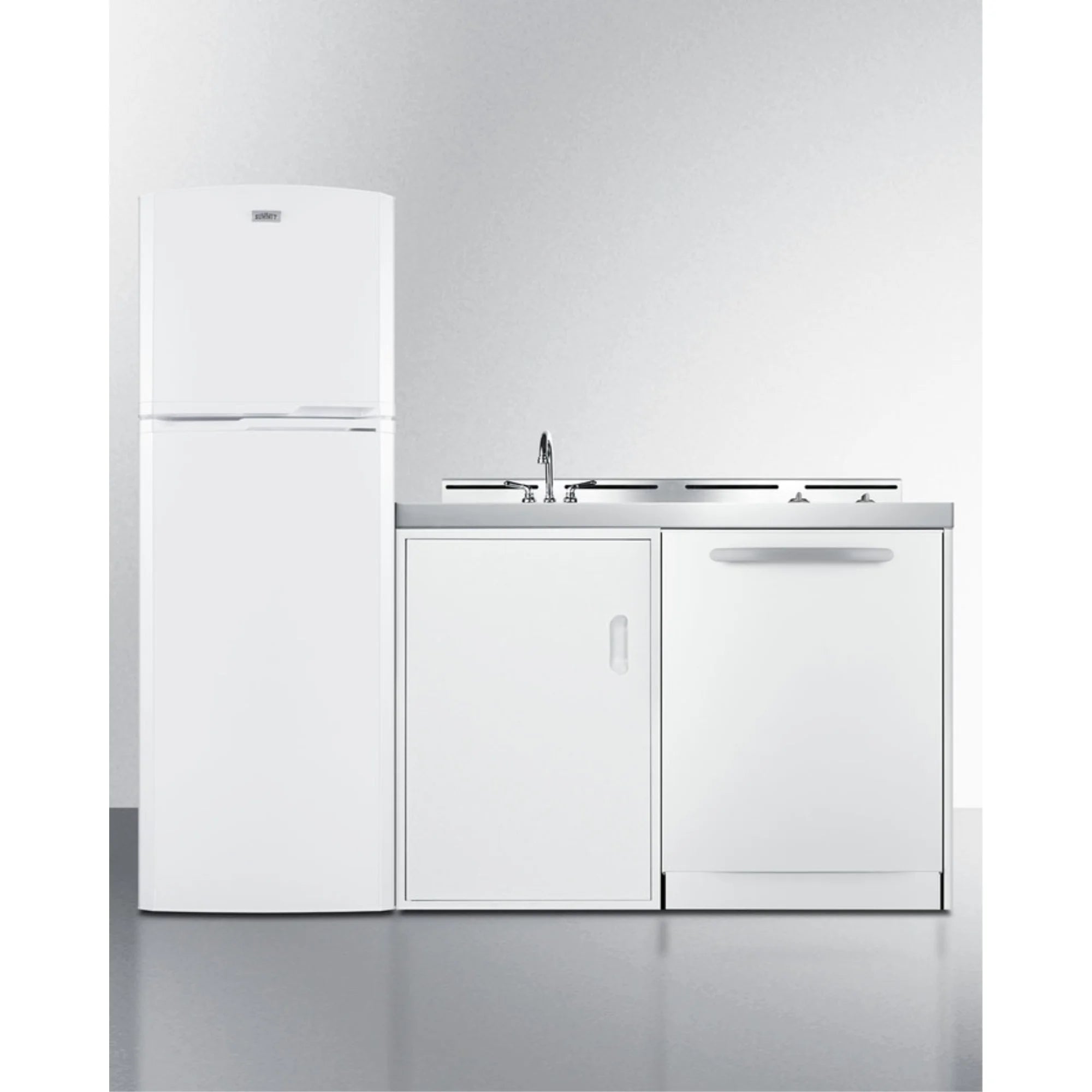 All-in-one kitchenette with full-size fridge, dishwasher, sink, and 2-burner cooktop C267639