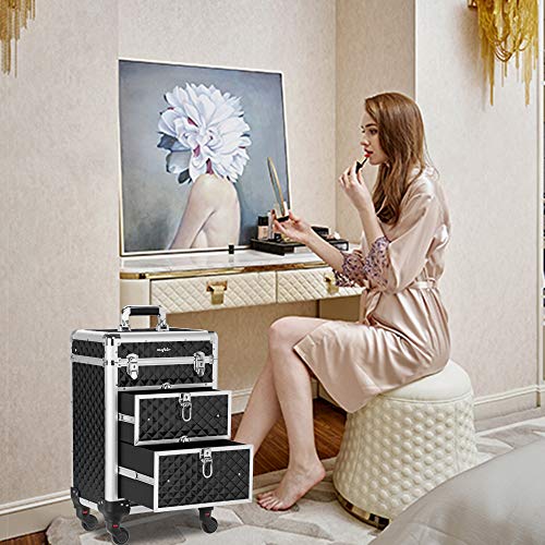 Rolling Makeup Train Case with Removable Wheels and Drawers E476607