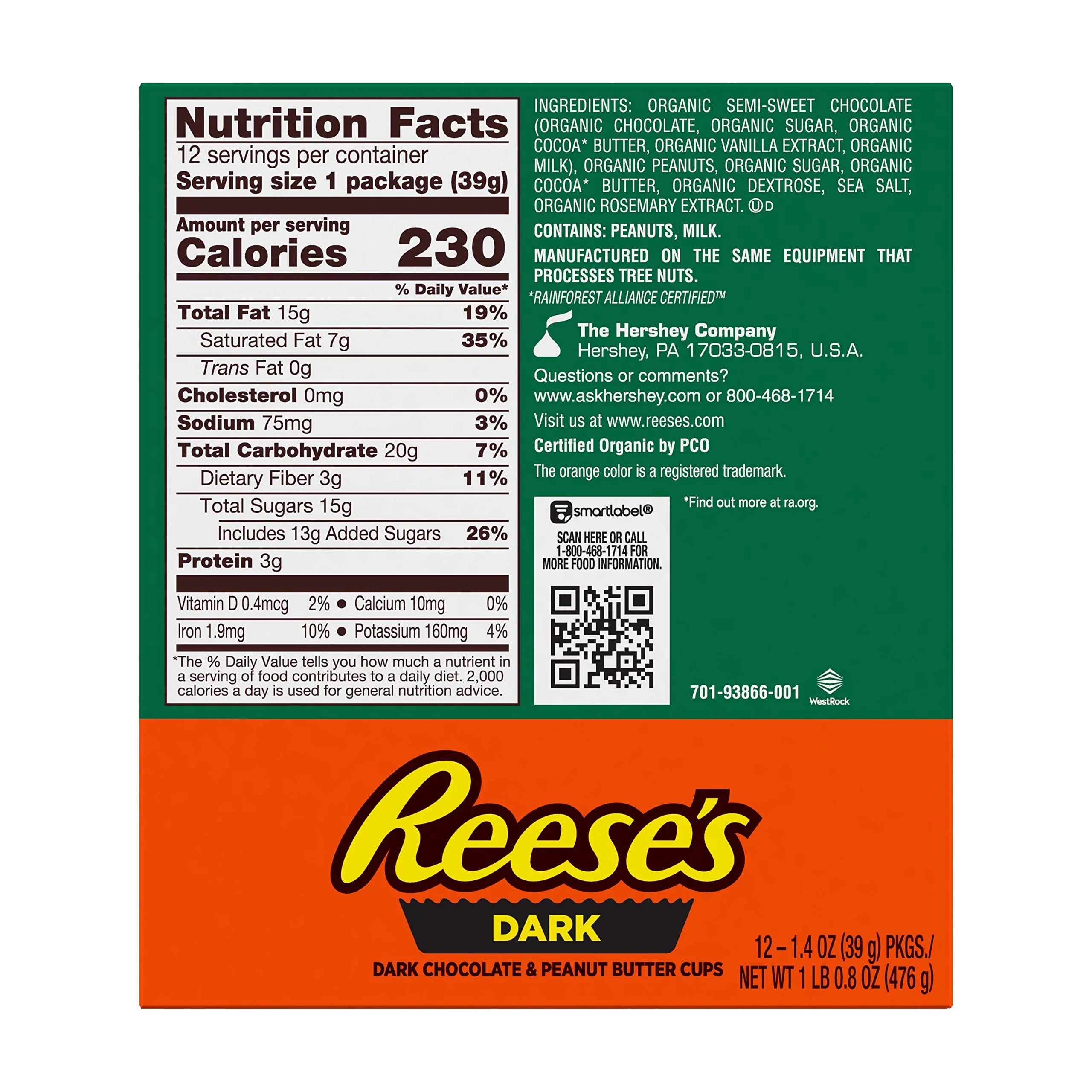 Organic Dark Chocolate Peanut Butter Cups Candy, Individually Wrapped, 1.4 Oz Packs (12 Count) V699761