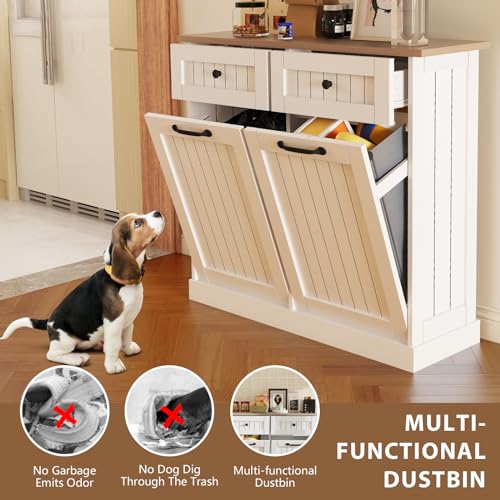 Double Tilt Out Trash Cabinet for Kitchen, Space-Saving with Pull-Out Drawers, Fits 2x10 Gallon Bins, White D4570