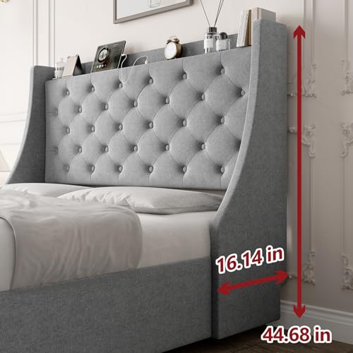 Queen Bed Frame with 4 Storage Drawers, USB Charging Port, Upholstered Wingback Headboard W4165