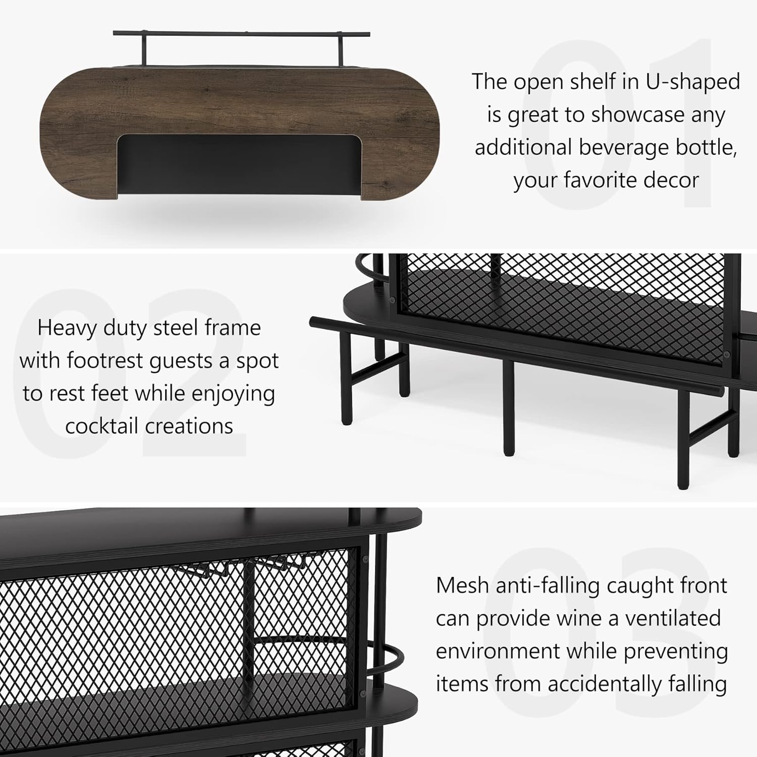 Bar Cabinet with Storage Shelves, Wine Glasses Holder, Black and Walnut P4787