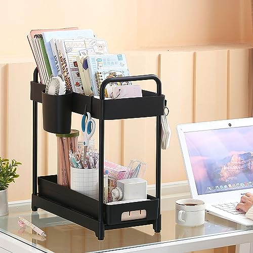 2 Pack Double-Layer Under Sink Organizer with Sliding Shelf, 4 Hooks and Cup Slot A50842