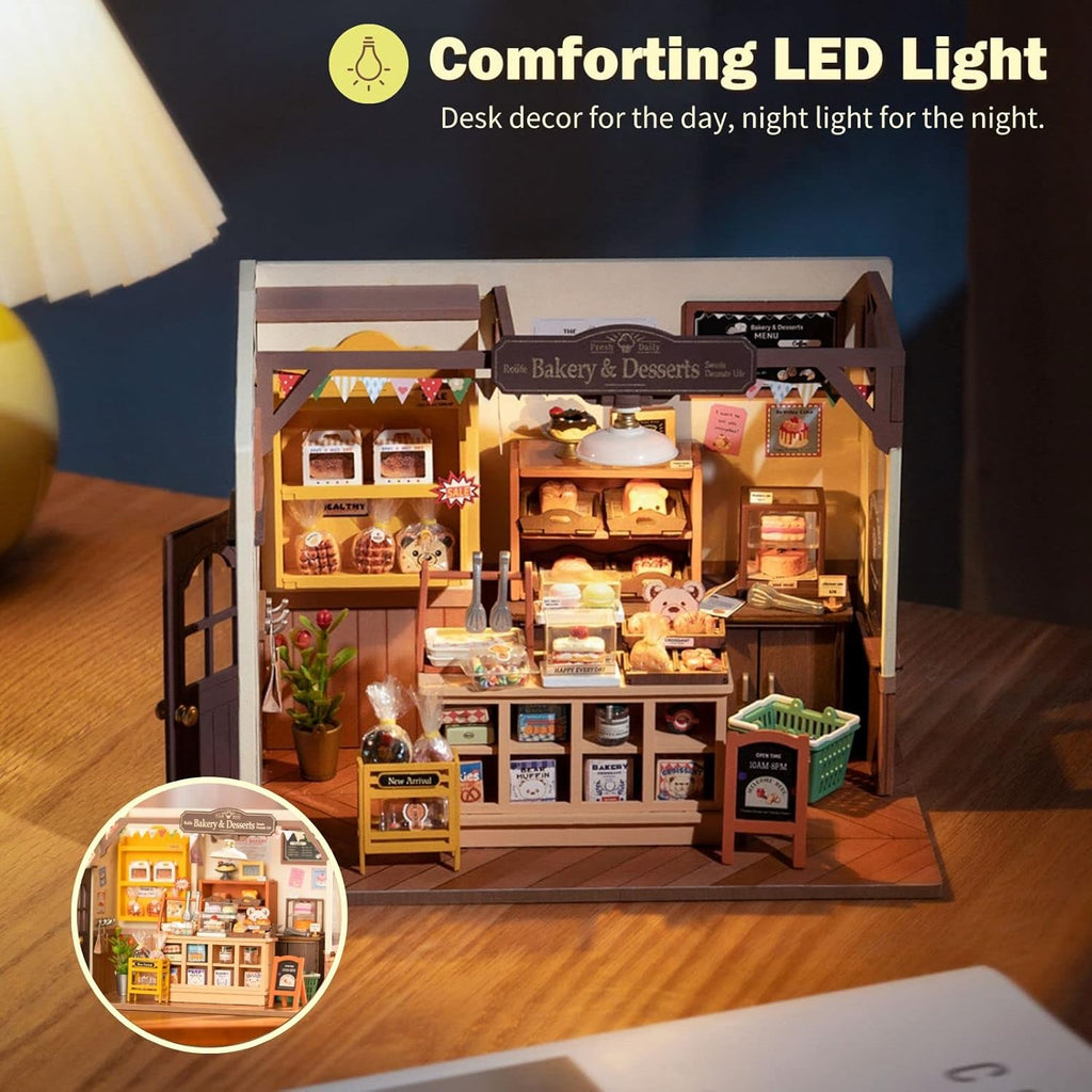 DIY Miniature Doll House Kit with LED Bakery Diorama Building Set W9198