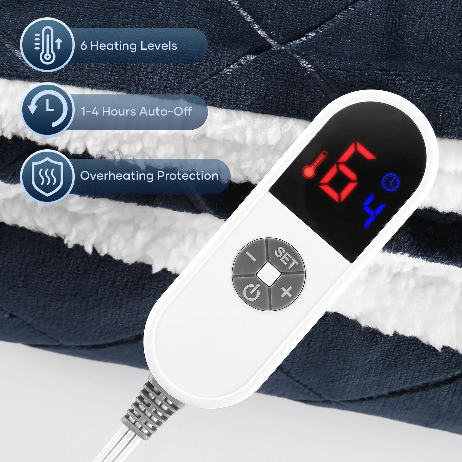 Electric Heated Throw Blanket with 6 Heating Levels, 4 Timers, Dark Blue Flannel & Sherpa 50"x60" S57859