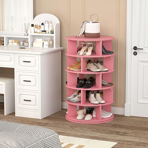 5-Tier Rotating Wood Shoe Rack for Closet, 360° Spinning Storage Tower I24839