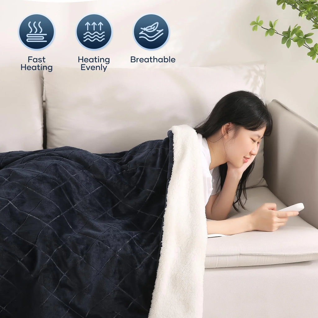 Electric Heated Throw Blanket with 6 Heating Levels, 4 Timers, Dark Blue Flannel & Sherpa 50"x60" S57859