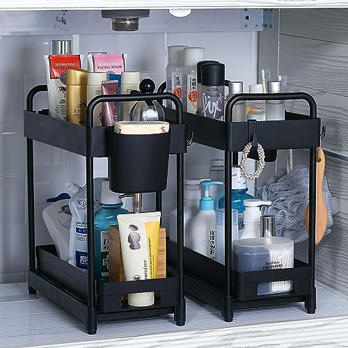 2 Pack Double-Layer Under Sink Organizer with Sliding Shelf, 4 Hooks and Cup Slot A50842