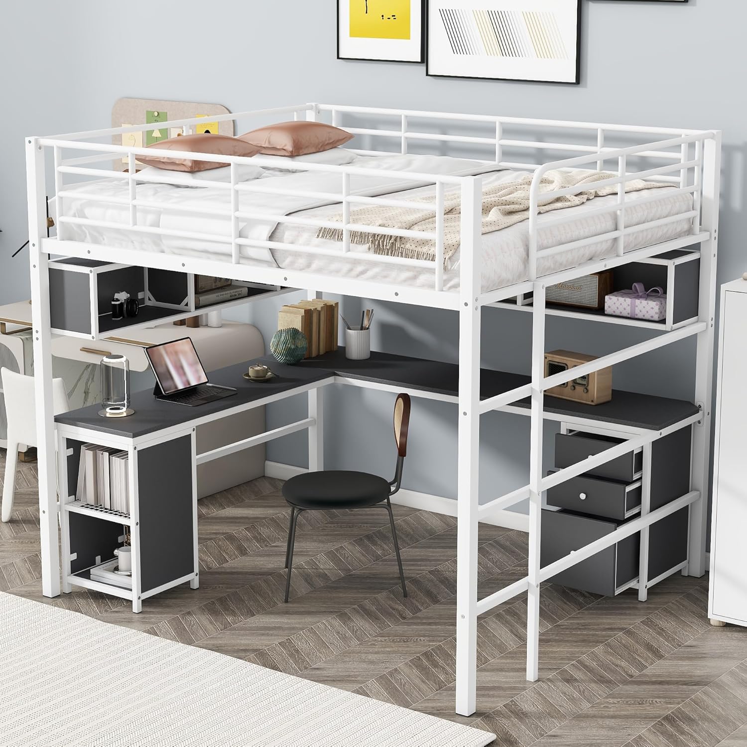 Full Loft Bed with Bookcase, Desk and Cabinet M769