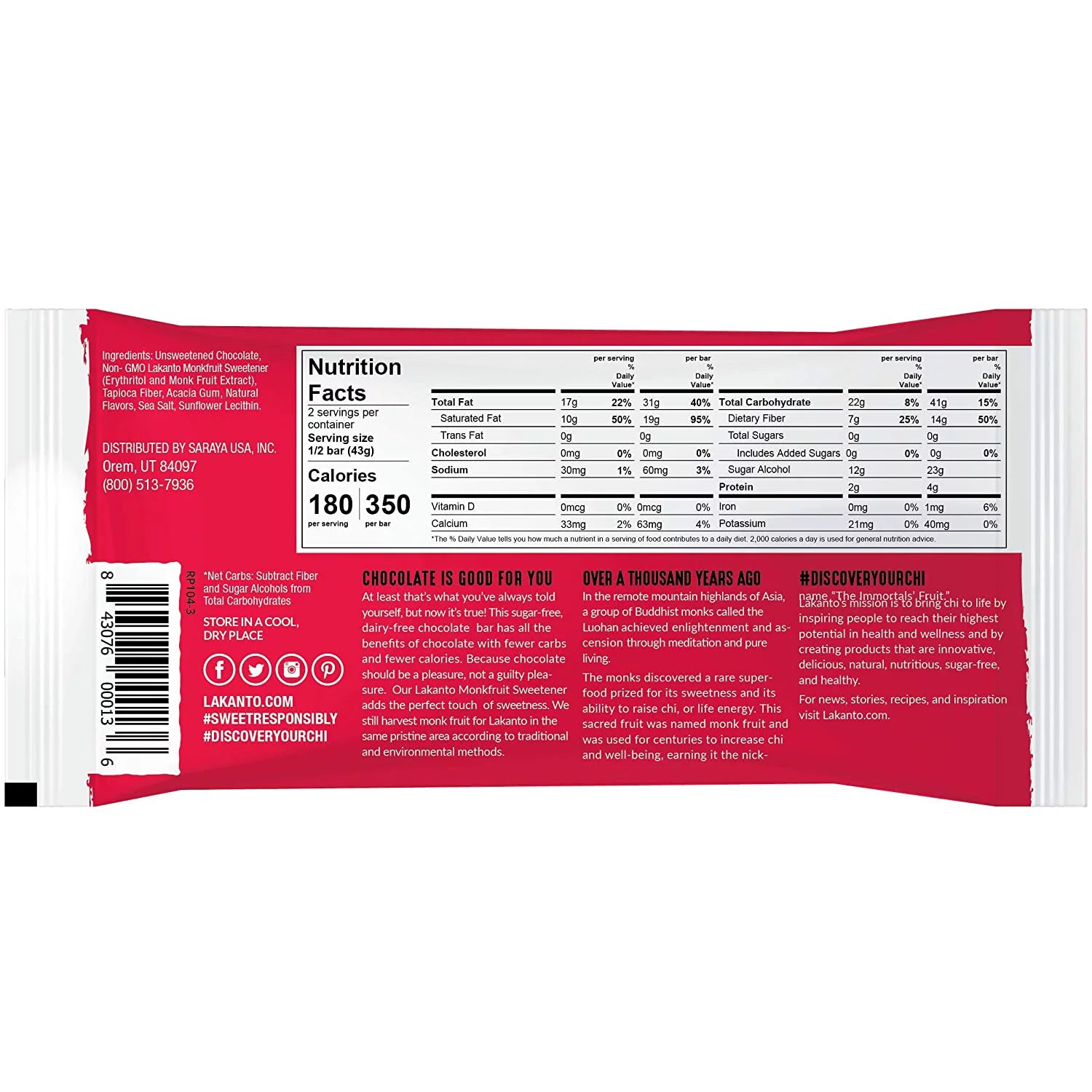 Sugar Free Chocolate Bars - 55% Dark Cacao, Keto, 8 Pack G170333