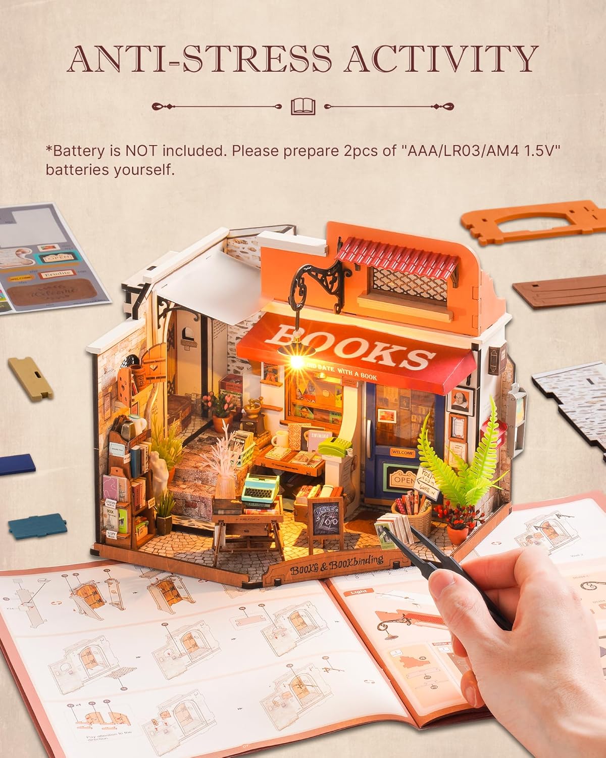 DIY Miniature House Kit with LED Lights, Bookstore Building Craft Set H773
