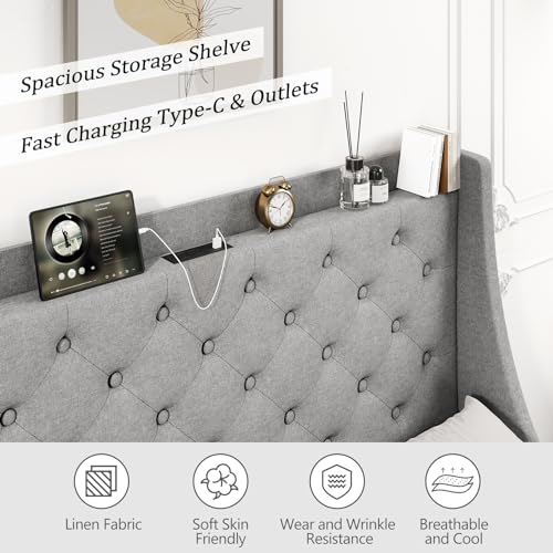 Queen Bed Frame with 4 Storage Drawers, USB Charging Port, Upholstered Wingback Headboard W4165