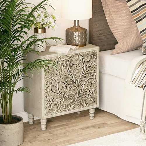 3 Drawer Farmhouse Dresser with Embossed Flower Motif, Vintage Nightstand for Bedroom R1559