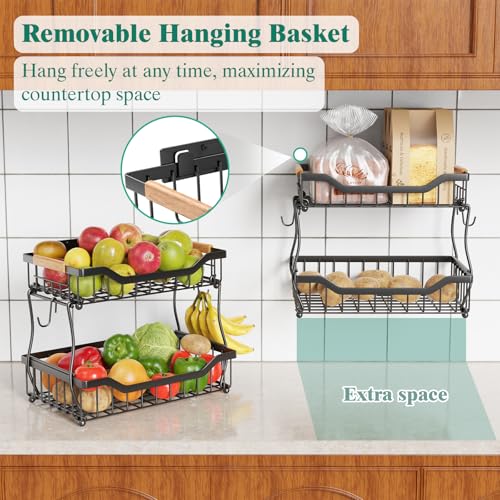3 Tier Countertop Fruit Basket with Banana Hangers, Black C7474