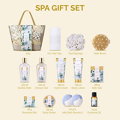 Spa Gift Baskets for Women - 15pcs Relaxing Spa Kit with Bath Bombs, Hand Cream and Tote Bag Y30085