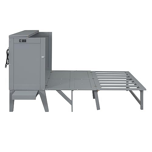 Modern Full Size Murphy Bed with Cabinet and Drawers, Solid Wood, Folds into Wardrobe X925473