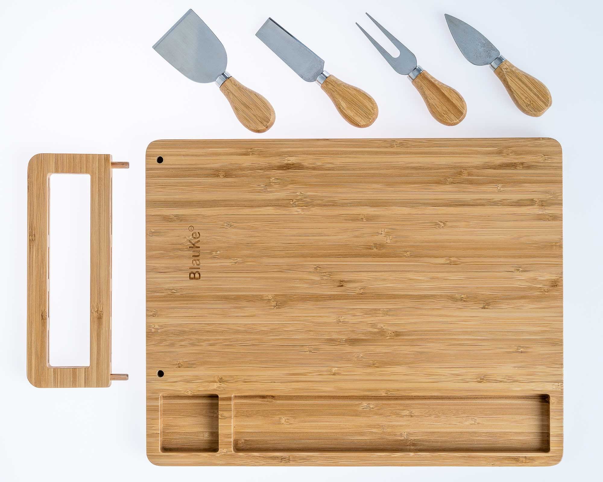 Bamboo Cheese Board and Knife Set 14x11 inch with 4 Cheese Knives W5212
