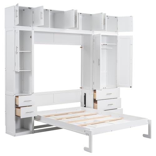 Full Size Murphy Bed Wall Bed with Lockers and Wardrobes, Wooden Folding Cabinet Bed for Bedroom, Guest Room or Home Office M917276