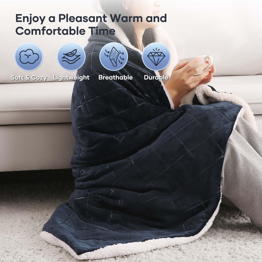 Electric Heated Throw Blanket with 6 Heating Levels, 4 Timers, Dark Blue Flannel & Sherpa 50"x60" S57859