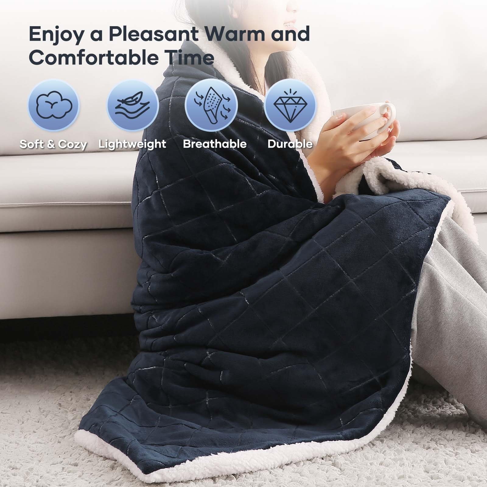 Electric Heated Throw Blanket with 6 Heating Levels, 4 Timers, Dark Blue Flannel & Sherpa 50"x60" S57859