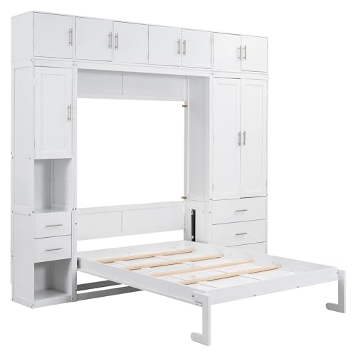 Full Size Murphy Bed Wall Bed with Lockers and Wardrobes, Wooden Folding Cabinet Bed for Bedroom, Guest Room or Home Office M917276