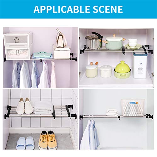Expandable Closet Shelf Rod Adjustable Metal Storage Rack Organizer for Wardrobe Cabinet, Black, 19.69-31.5 inches T19484