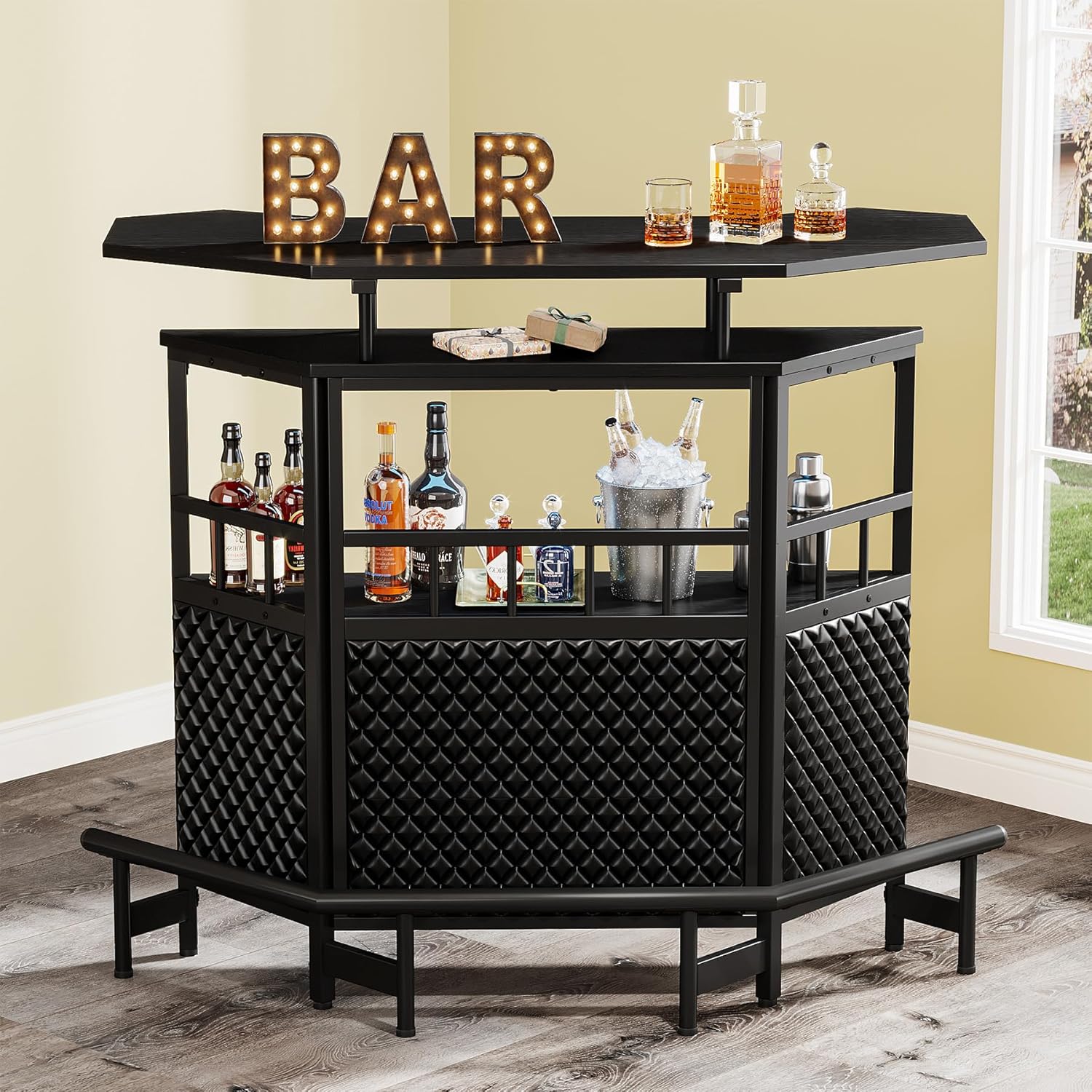 4 Tier Home Bar Cabinet with Stemware Rack and Footrest Y1184