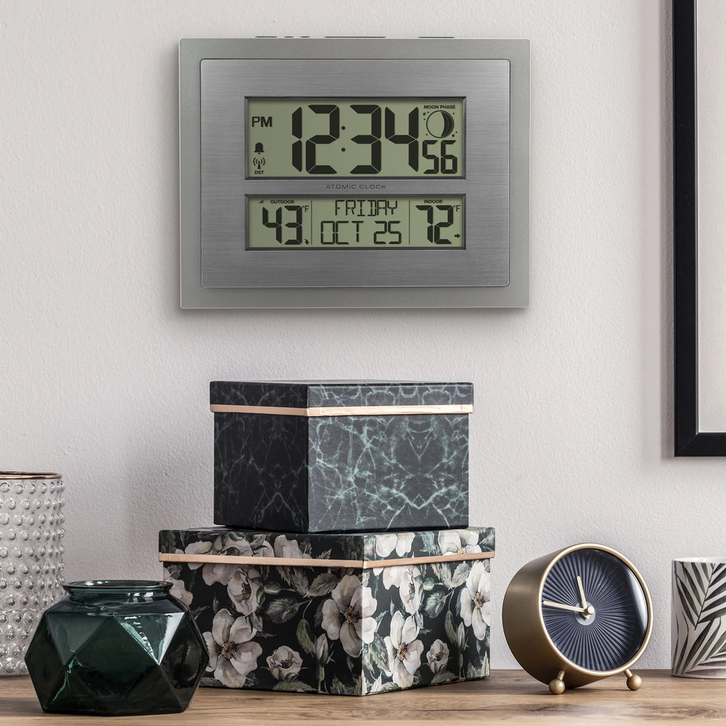 Silver Atomic Wall Clock with Moon Phase and Calendar I6197
