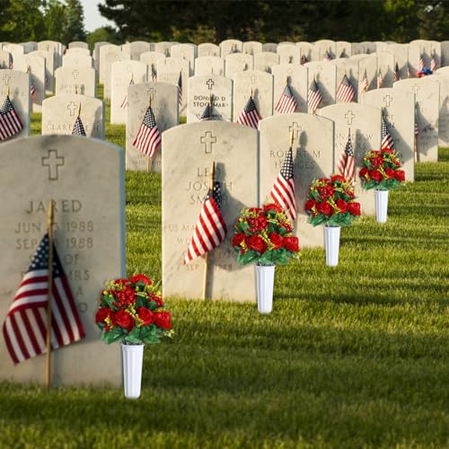 Artificial Cemetery Flowers for Grave Memorial Day Rose Bouquet with Vase F3235