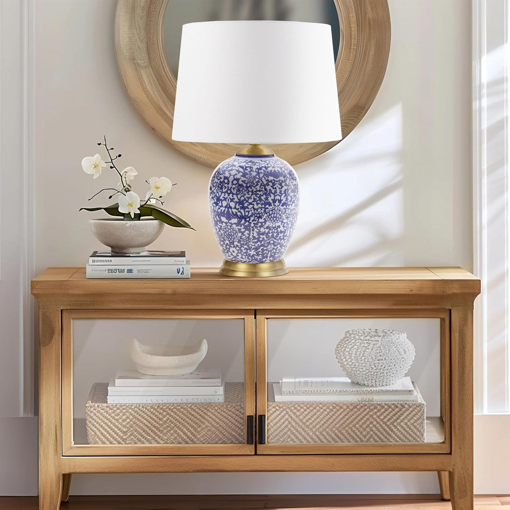 Ceramic Urn Table Lamp with Drum Shade, 22.5" Blue R62336