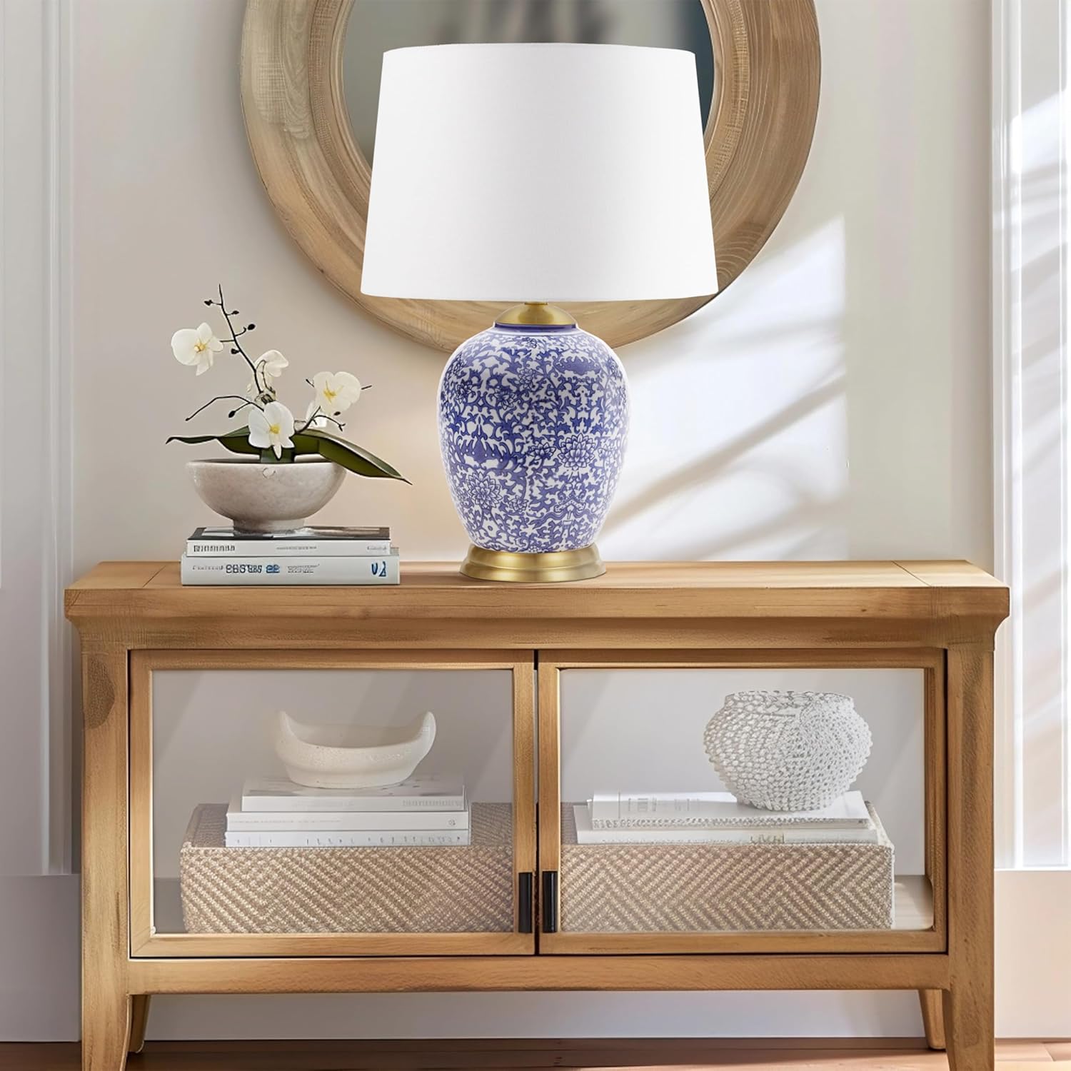 Ceramic Urn Table Lamp with Drum Shade, 22.5" Blue R62336