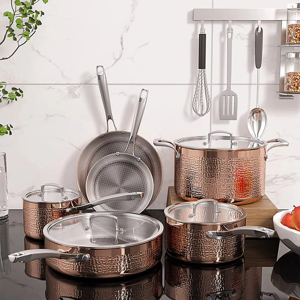 Pots and Pans Set 7-Piece Tri-Ply Stainless Steel Hammered Cookware H6357