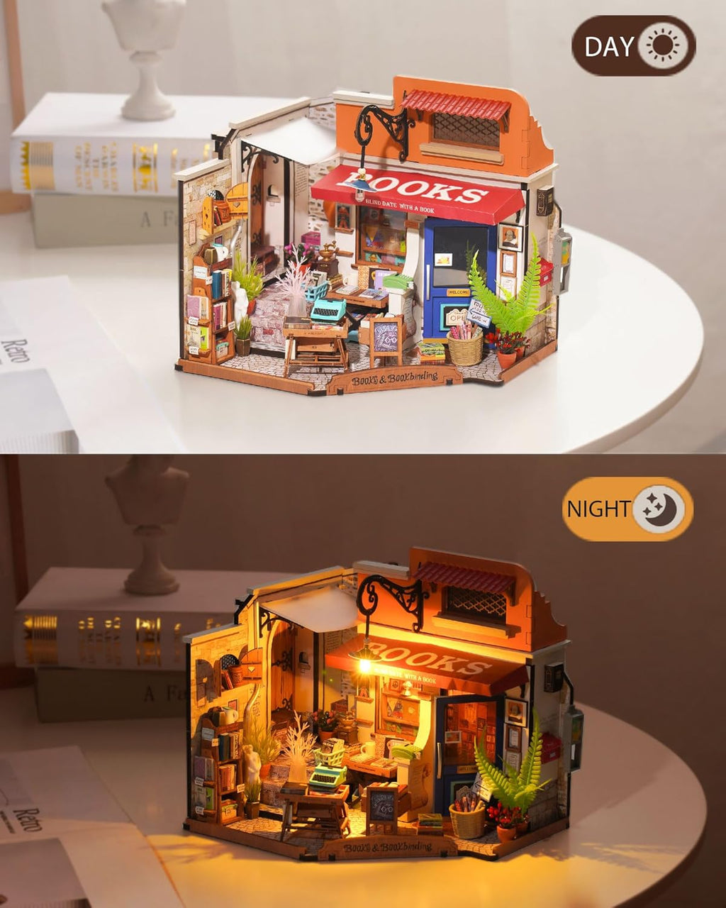 DIY Miniature House Kit with LED Lights, Bookstore Building Craft Set H773