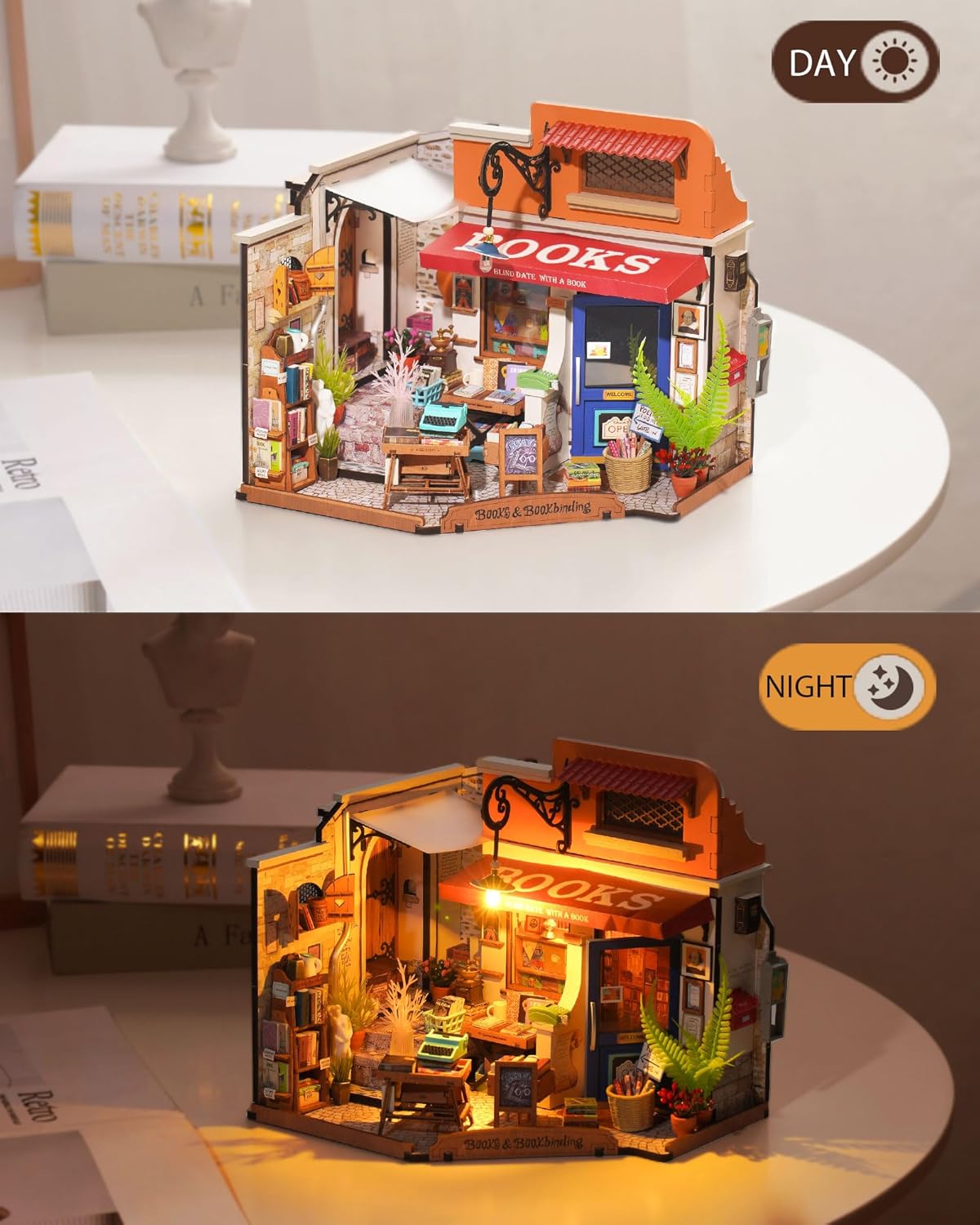 DIY Miniature House Kit with LED Lights, Bookstore Building Craft Set H773