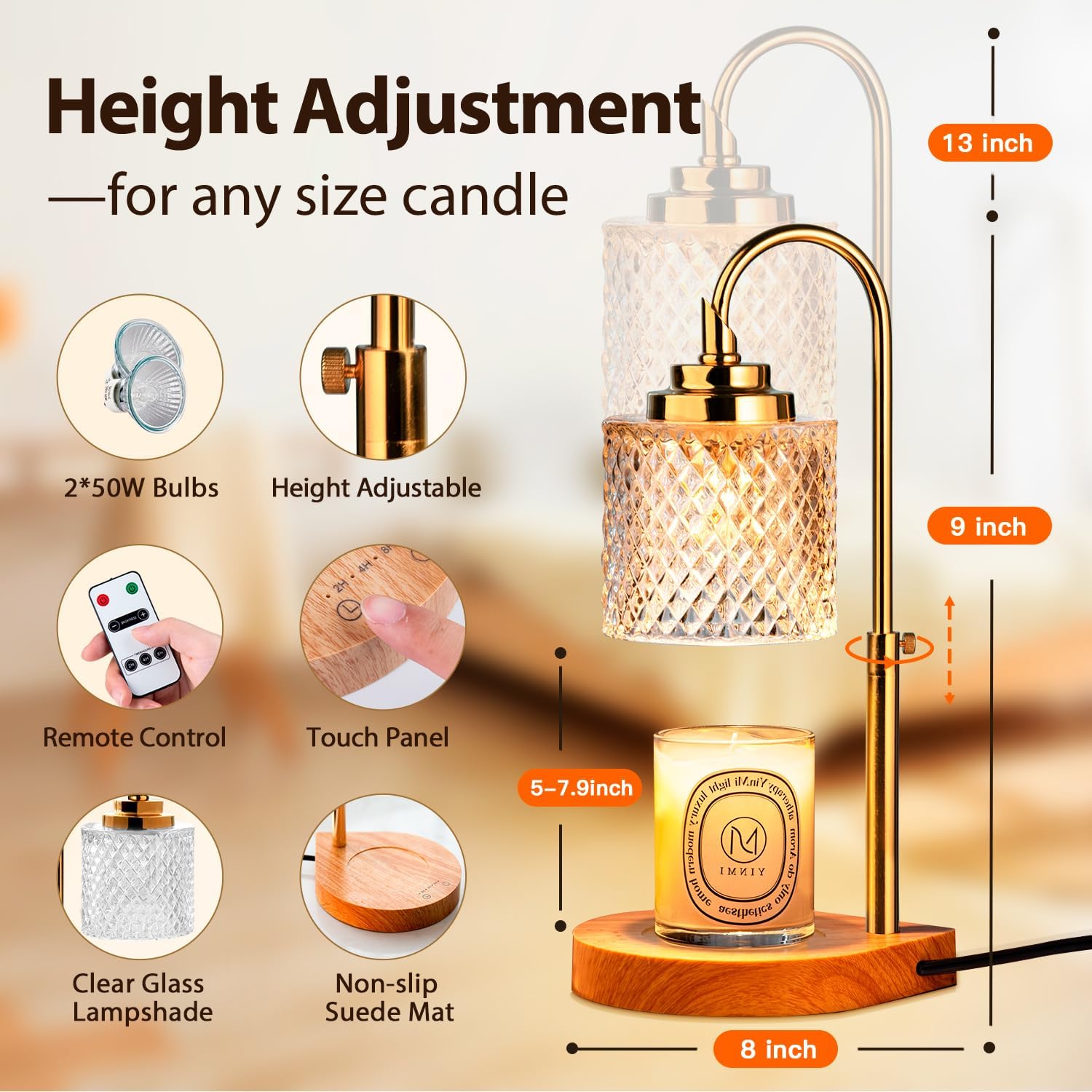 Candle Warmer Lamp with Remote Control, 4-Level Dimming, Height Adjustable C468