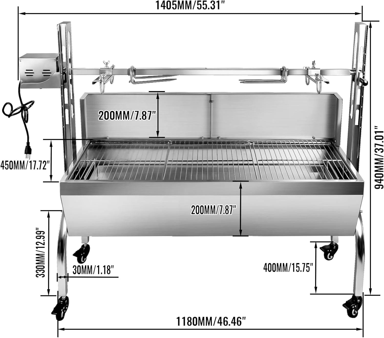 Stainless Steel Rotisserie Grill with Back Cover Guard, 25W Motor, 37" Charcoal BBQ C3467