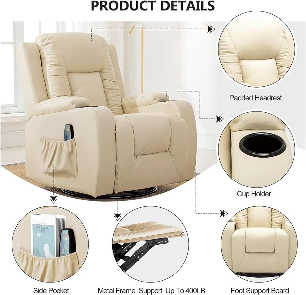 Massage Recliner Chair with Heated PU Leather, 360 Degree Swivel, Cream H9993